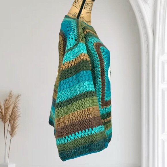 Handmade Crochet Evil Eye Sweater New handcrafted Bohemian Wide Sleeved - Picture 6 of 12